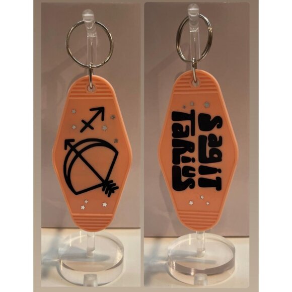 SAGITTARIUS Zodiac Stars Retro Motel Peach Black Keychain - Picture 1 of 1